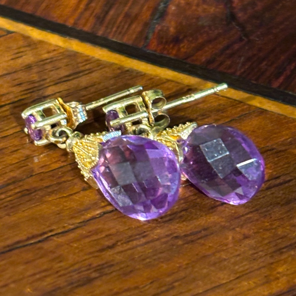 Genuine Antique 14K Yellow Gold & Amethyst Briolette Dainty Pear Drop Earrings